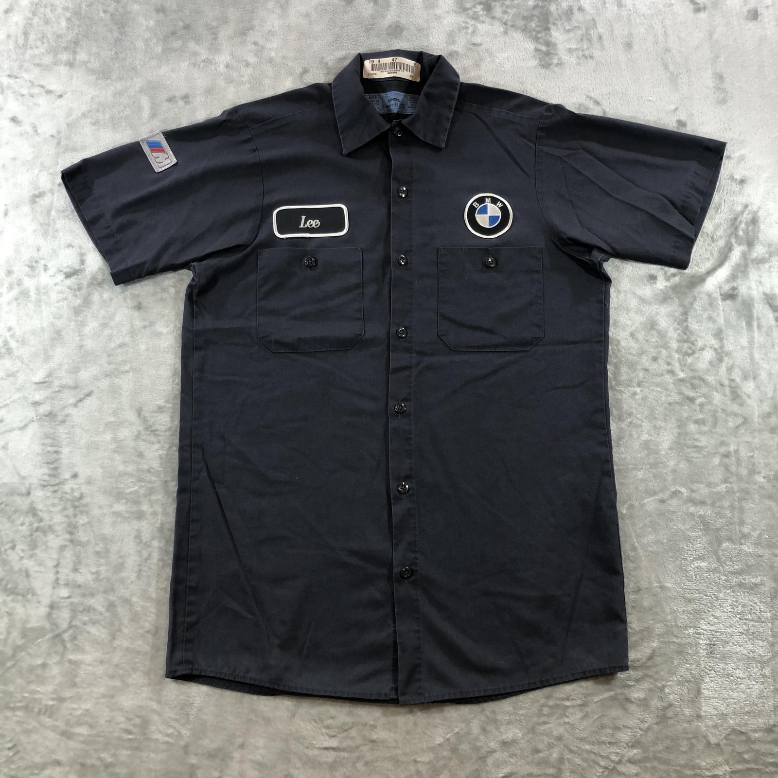 Cintas BMW Shirt Mens Small Gray Short Sleeve Work Uniform Mechanic Button Front