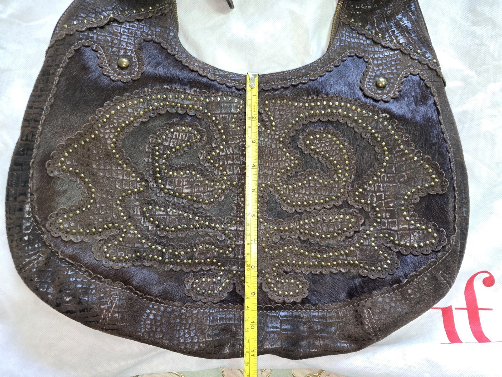 Isabella Fiore NWT, Brown Leather/Calf Hair Studded Hobo Bag, Aldic Ging RARE