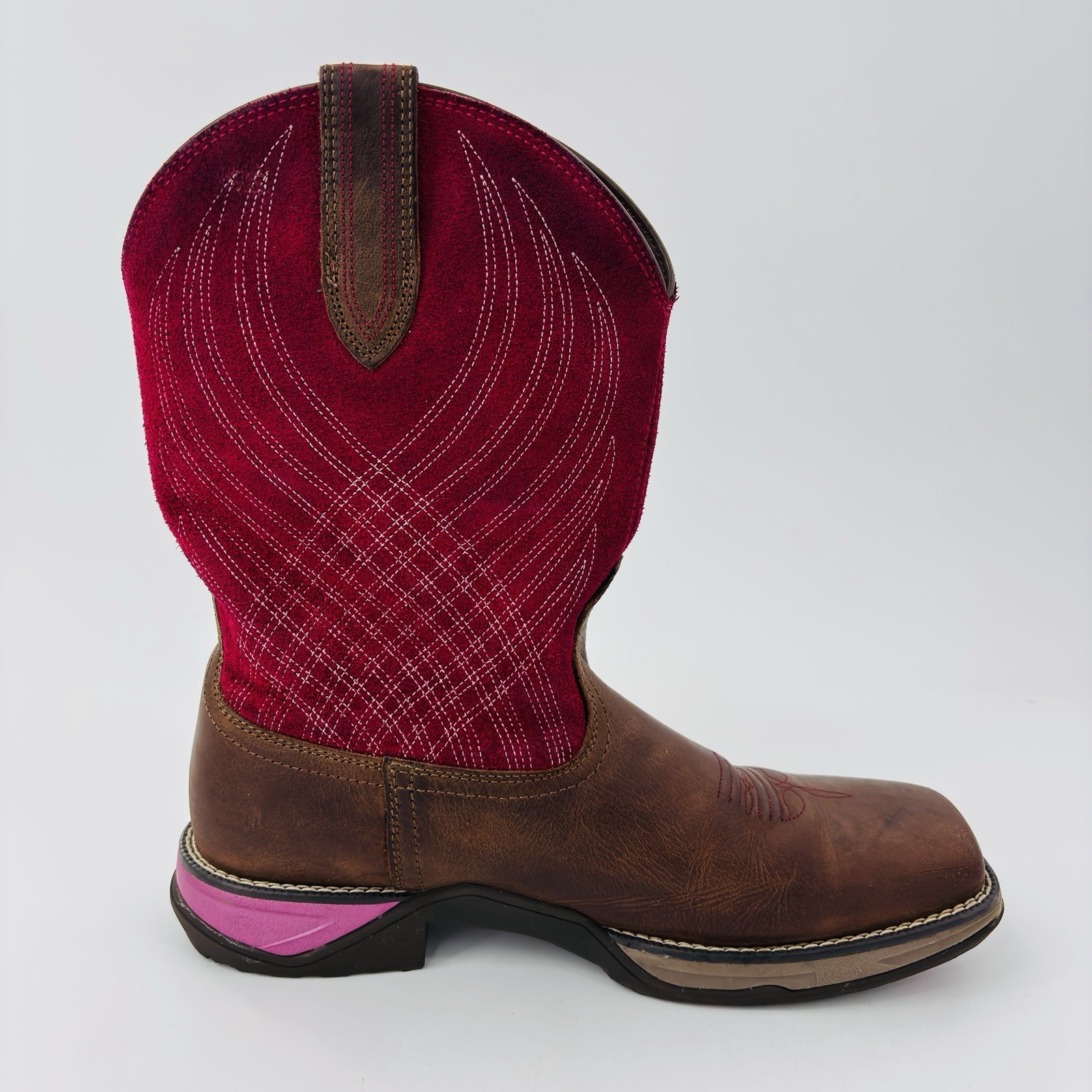 Womens 9 B Ariat Anthem Pink Brown Leather Square Toe Cowboy Boot Slip Resistant