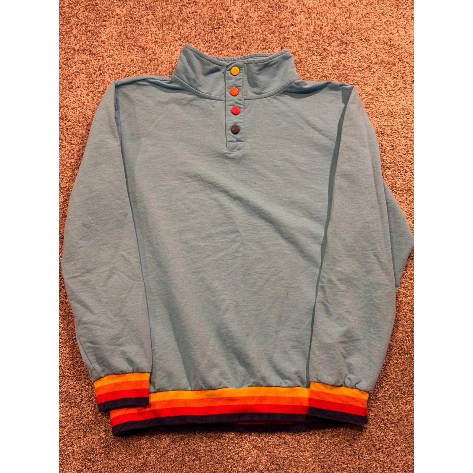 ALDI Sweatshirt Mens Medium Blue Rainbow Striped Snap Neck Pullovert Employee *