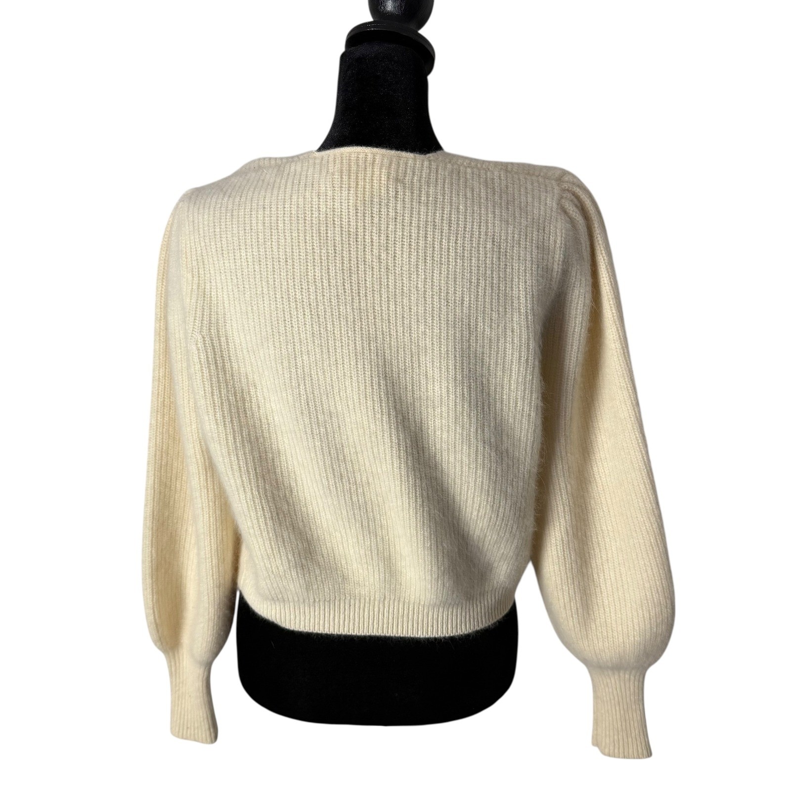 Vintage Sideffects Fuzzy Cardigan Sweater Size M Cream Balloon Sleeve Cozy Knit
