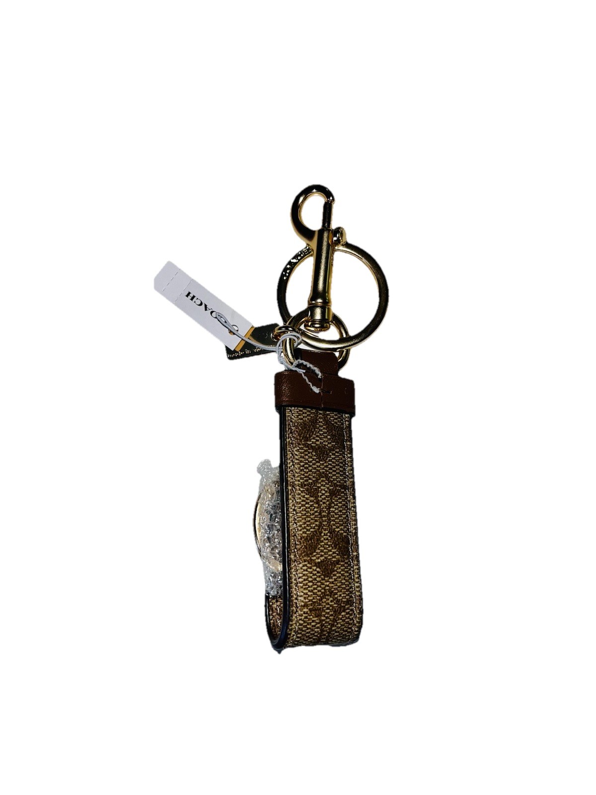 Coach Logo Leather Trigger Snap Key Chain Bag Charm w/ Clasp, Hangtag Brown/Gold