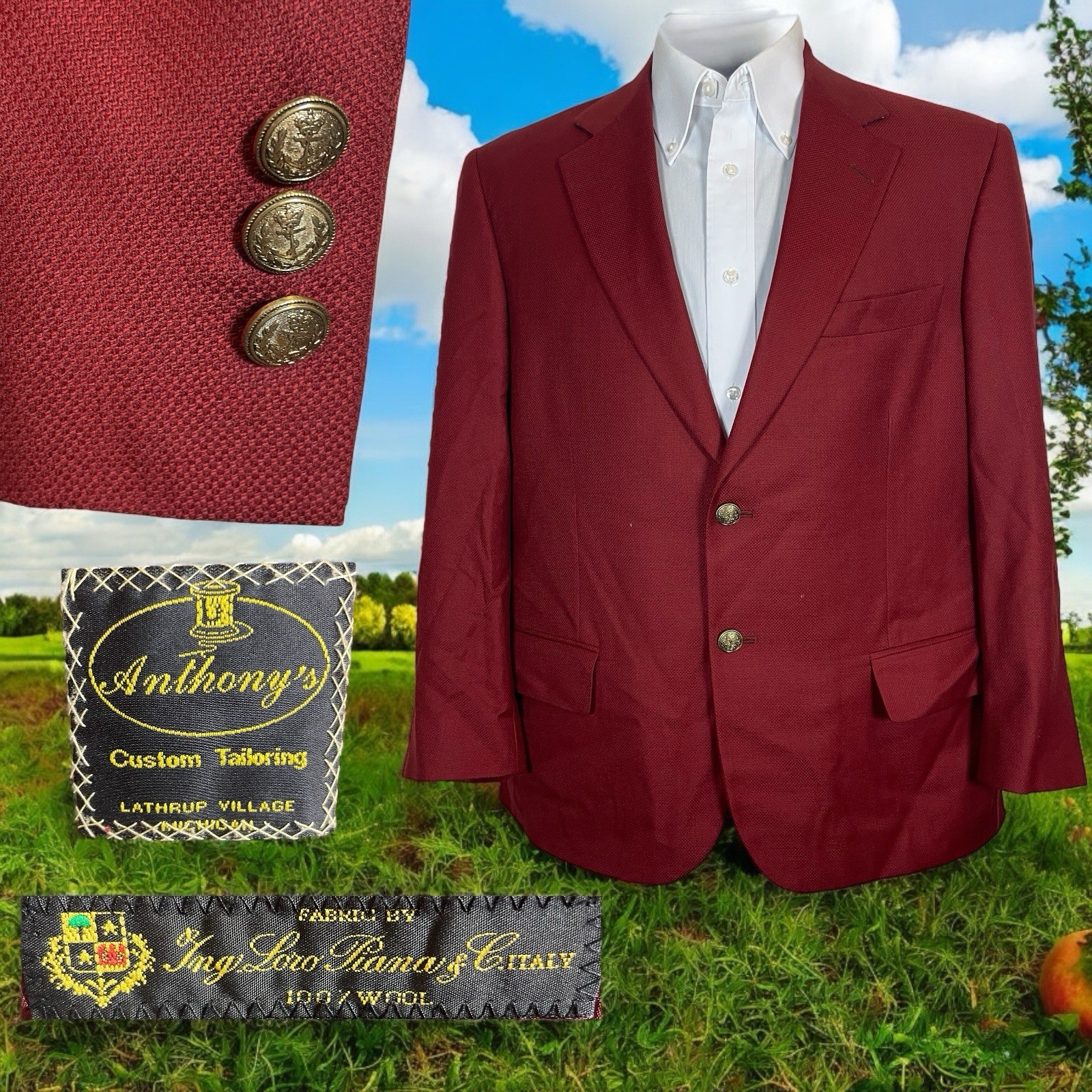 Bespoke Sport Coat Mens 40S Red Super 100 Italy Worsted Wool Brass Metal Buttons