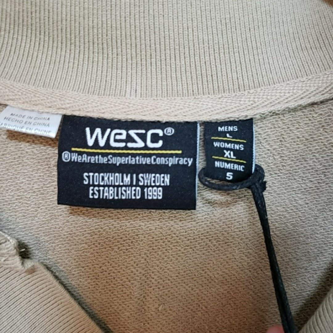 WeSC Sweatshirt Mens Large Beige Collared Pullover Knit Embroidered Logo