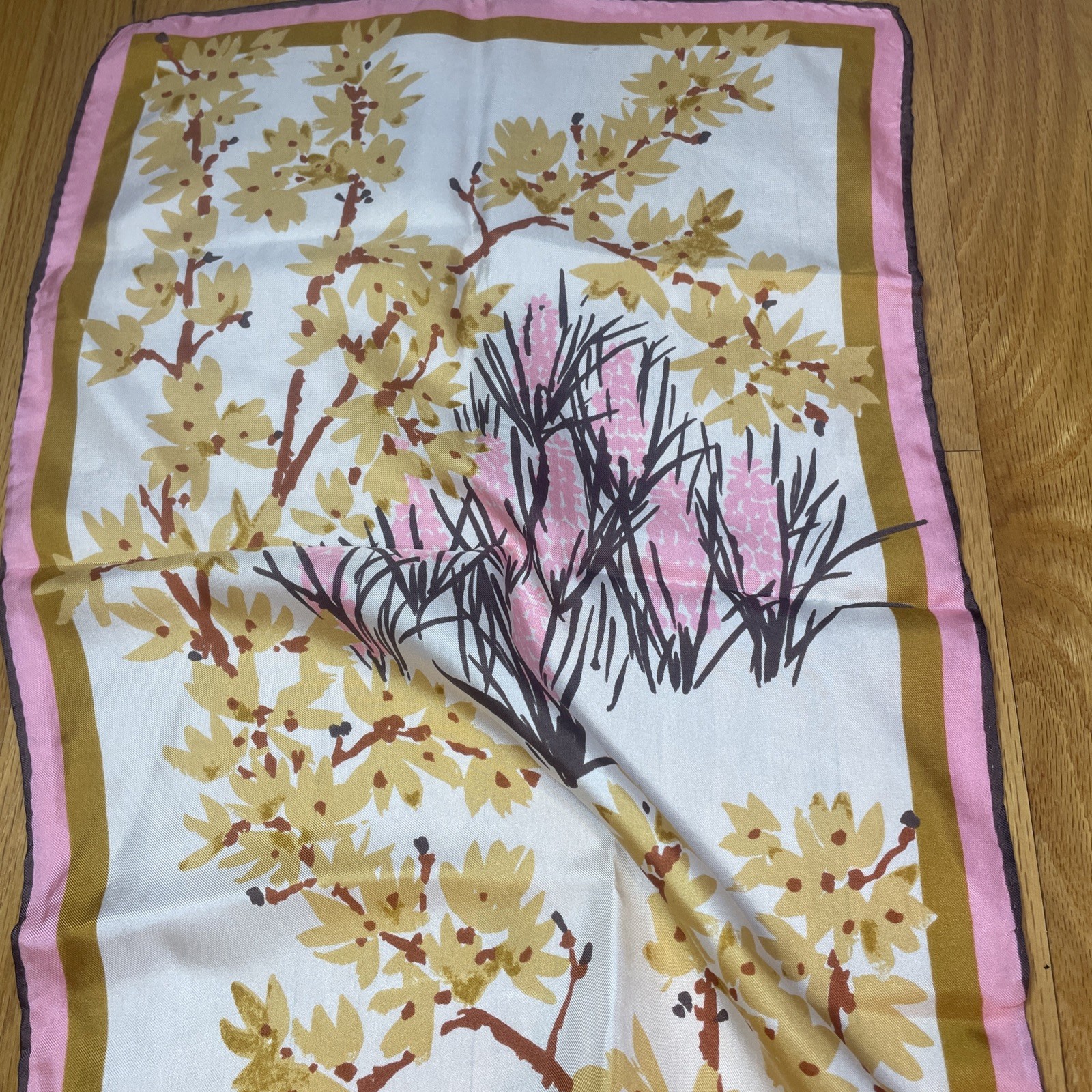 VERA All Silk Japan Hand Crafted PINK Tan NECKERCHIEF SILK SCARF