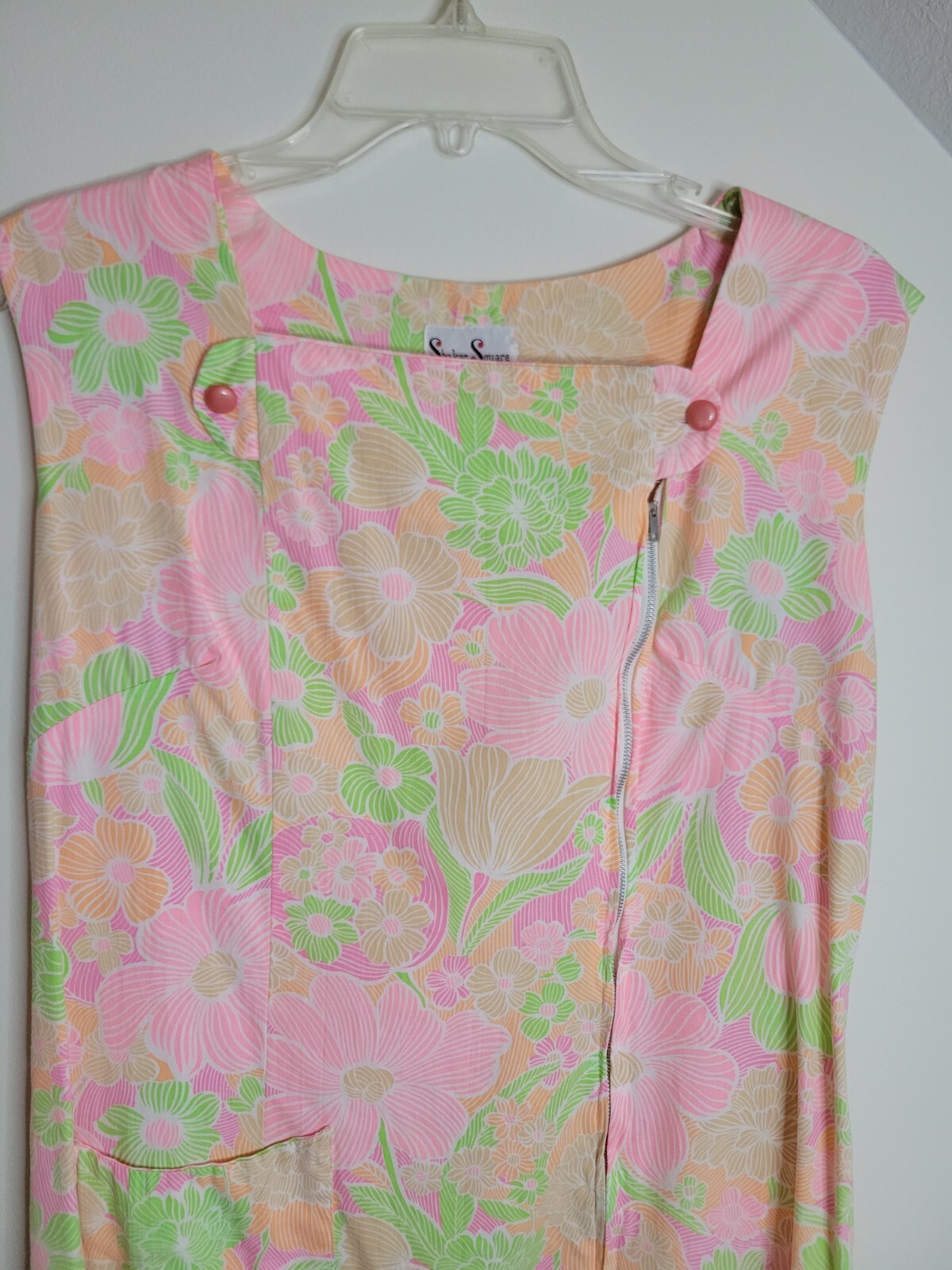 Vintage Shaker Square Neon Floral Zip Front A-Line Shift House Dress