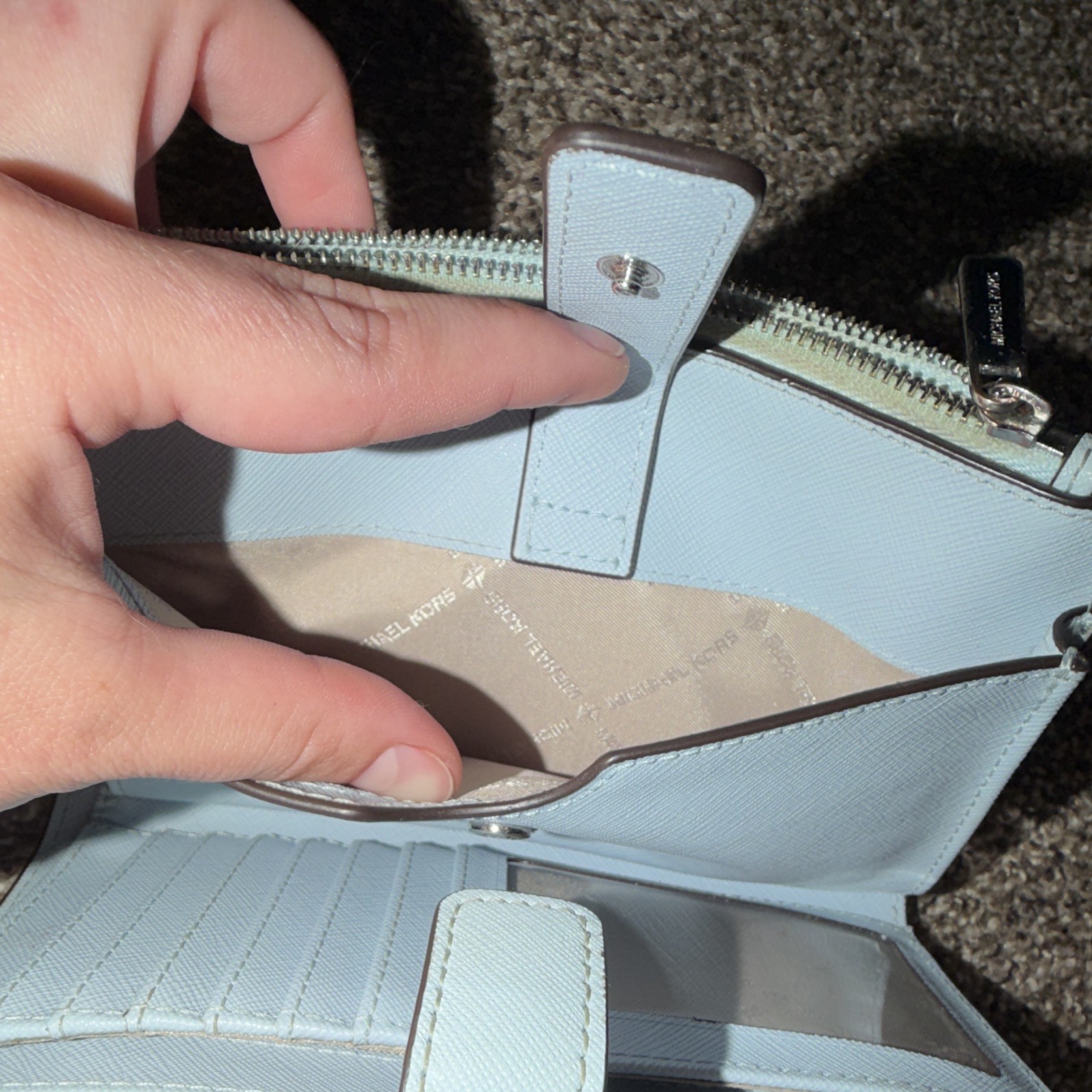 Michael Kors Blue Solid Wristlet Wallet Double Zip, Credit Card Slots