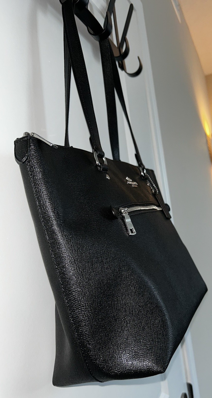 Coach Large Black Crossgrain Leather Silver Zip Closure City Tote EUC
