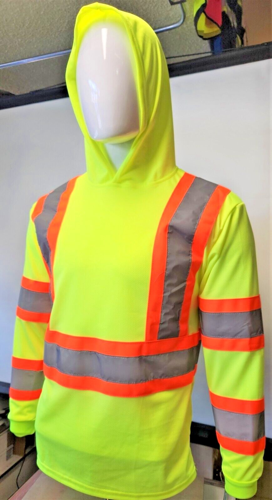 Class 3 Yellow Long Sleeve Safety Shirt With Hoodie, Polyester Birdeye mesh