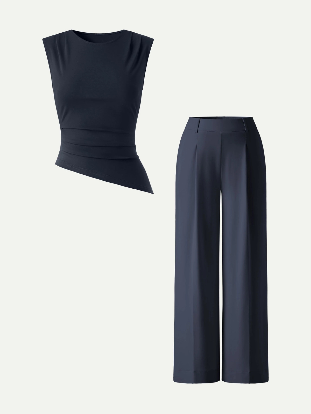 2Pcs Set Tucked Asymmetrical Hem Top & High Rise Wide Leg Pant