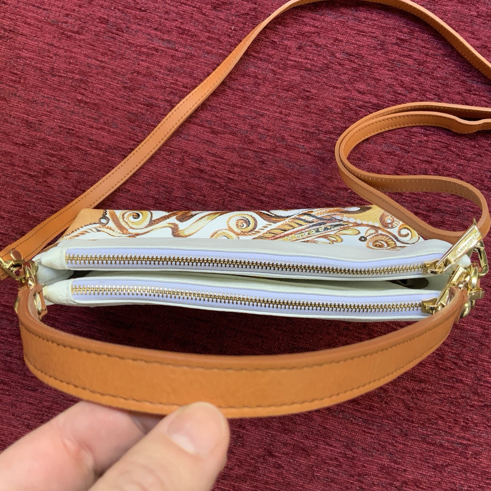 New Valentina Hand Painted Leather Crossbody Bag Floral Ivory Brown Italy