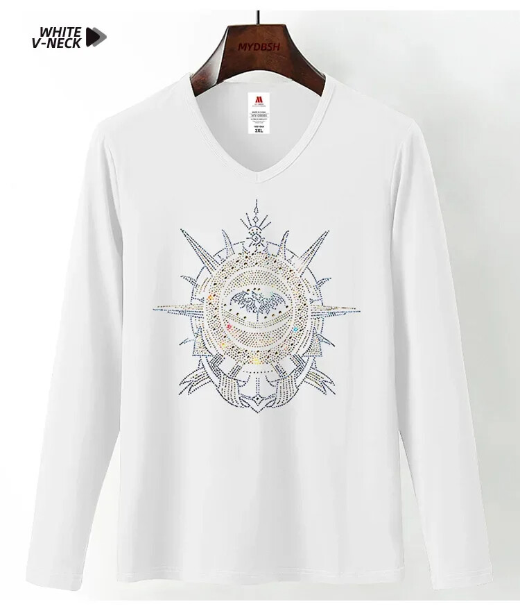 Fashion Trend Stone Rhinestones Streetwear Long Sleeve Luxury Men V-Neck T-Shirt