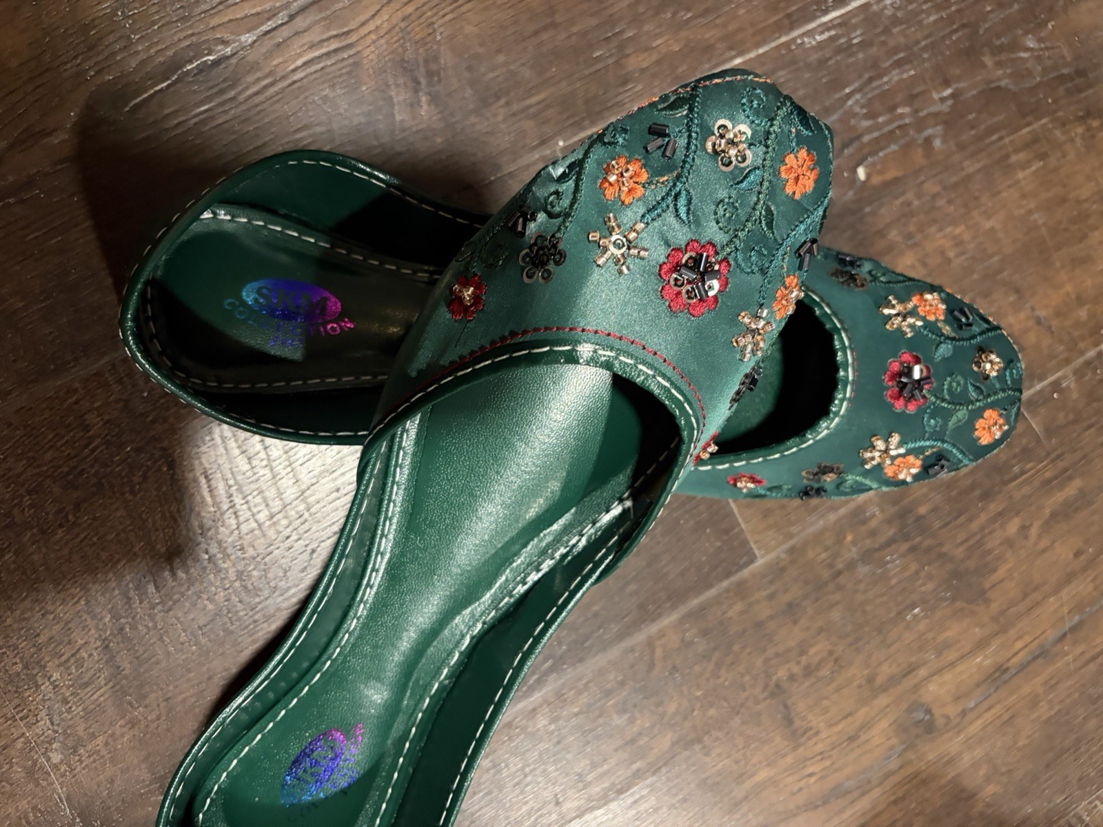 Fancy Embroidery Jutti Khussa Shoes Indian Pakistani Green Womens 7US