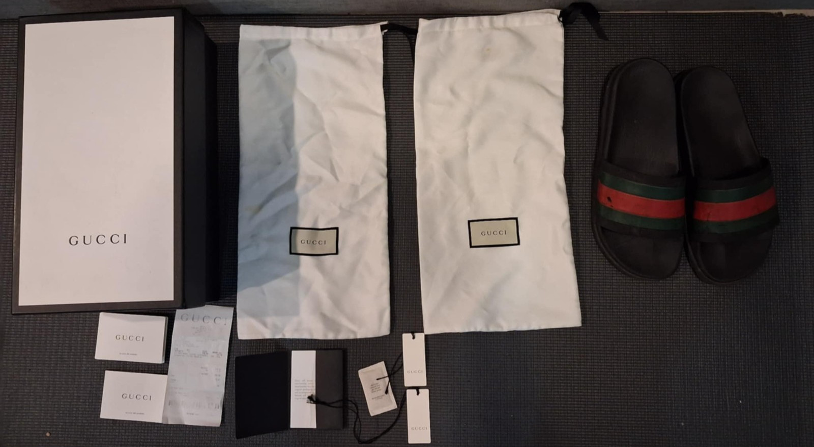 Gucci Slides Sandals with Web – Size 10 – Box, Inserts, + Original Receipt