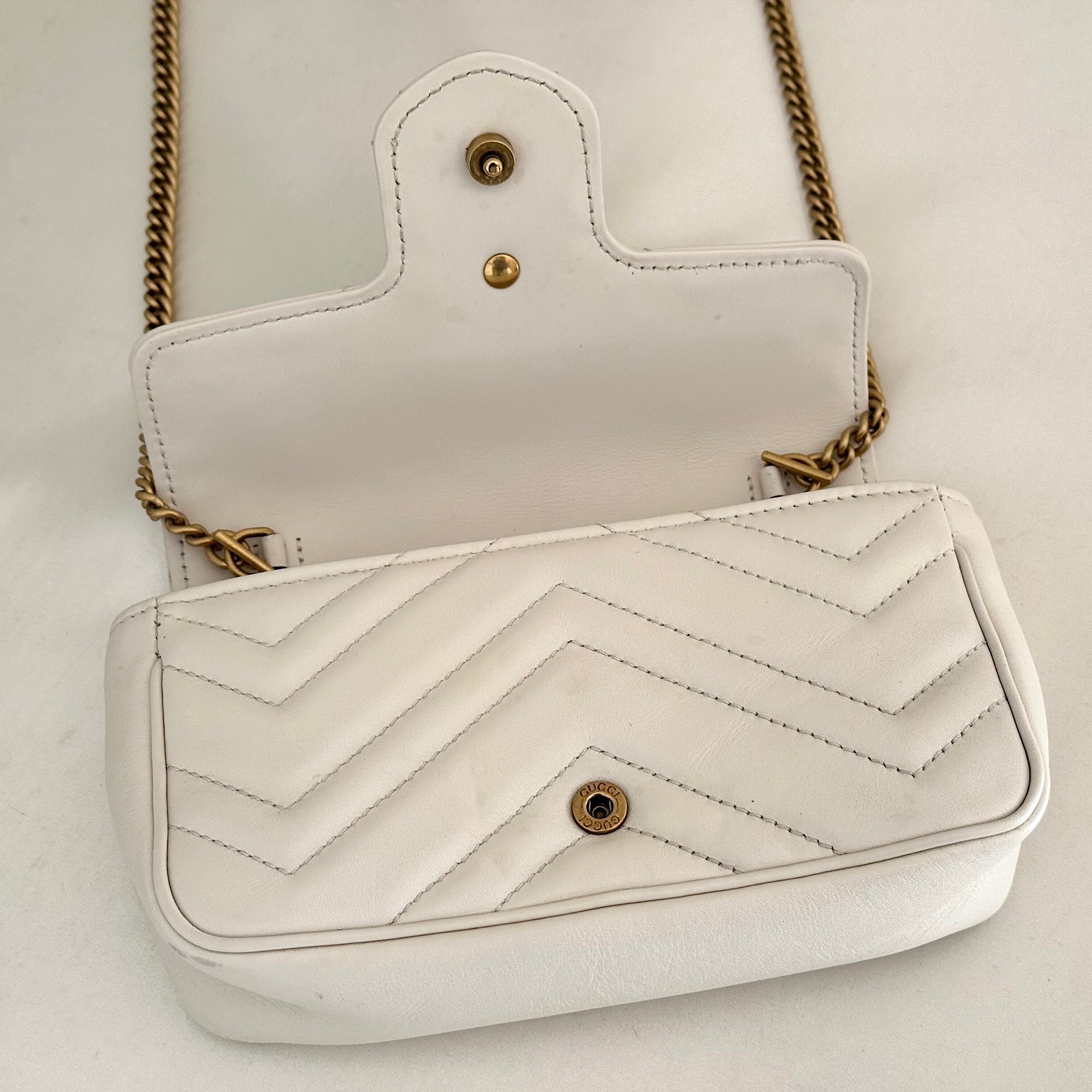 GUCCI GG Marmont 476433 Leather Chain Shoulder Bag White Crossbody with Dust Bag