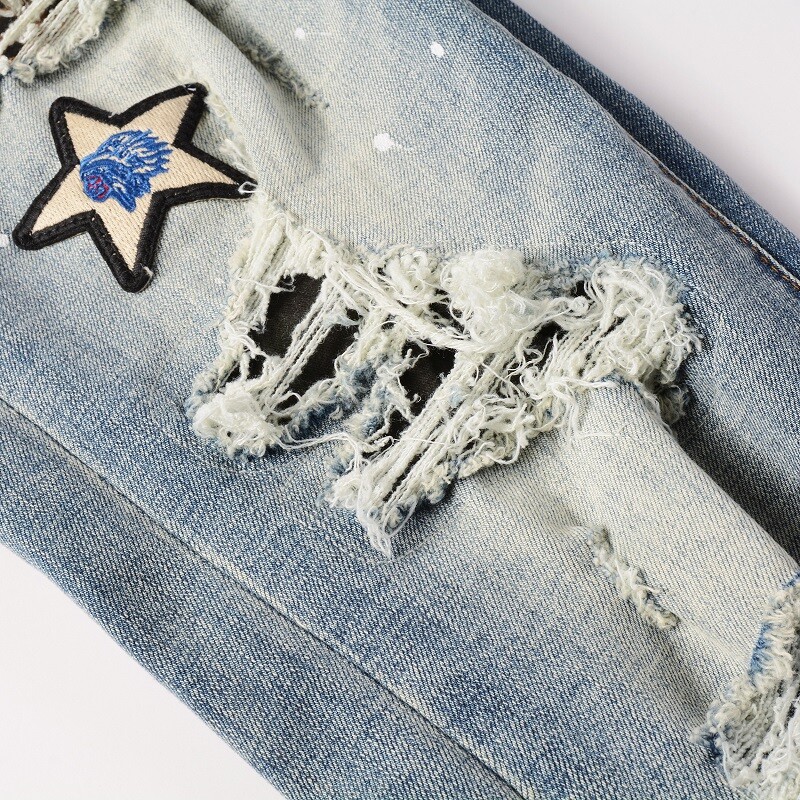 Men’s Vintage Distressed Stretch Denim Skinny Jeans with Patches and Studs