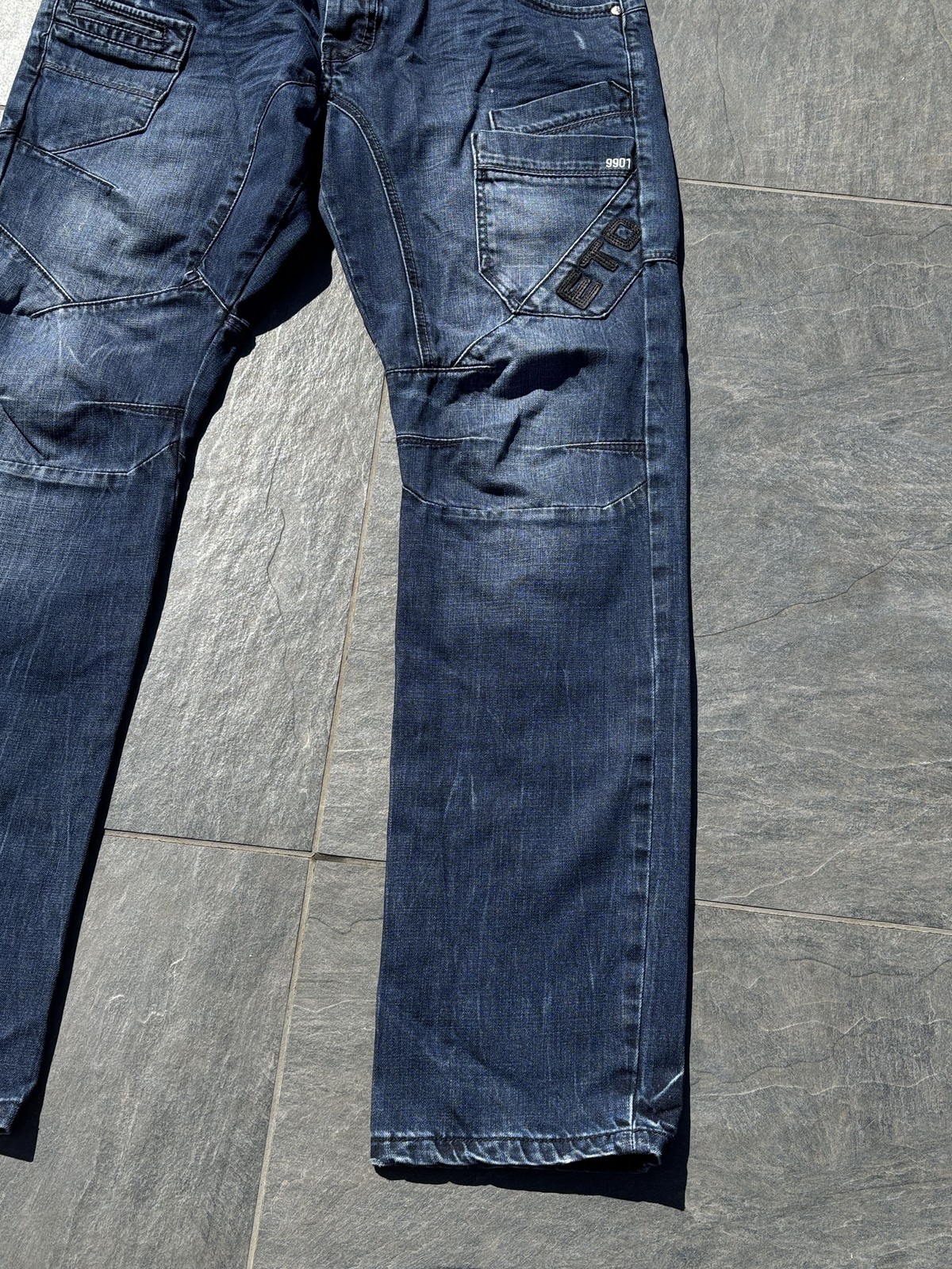 Retro ETO 9901 Mens Jeans 38L Blue Denim Streetwear Utility Cargo Distressed Y2K