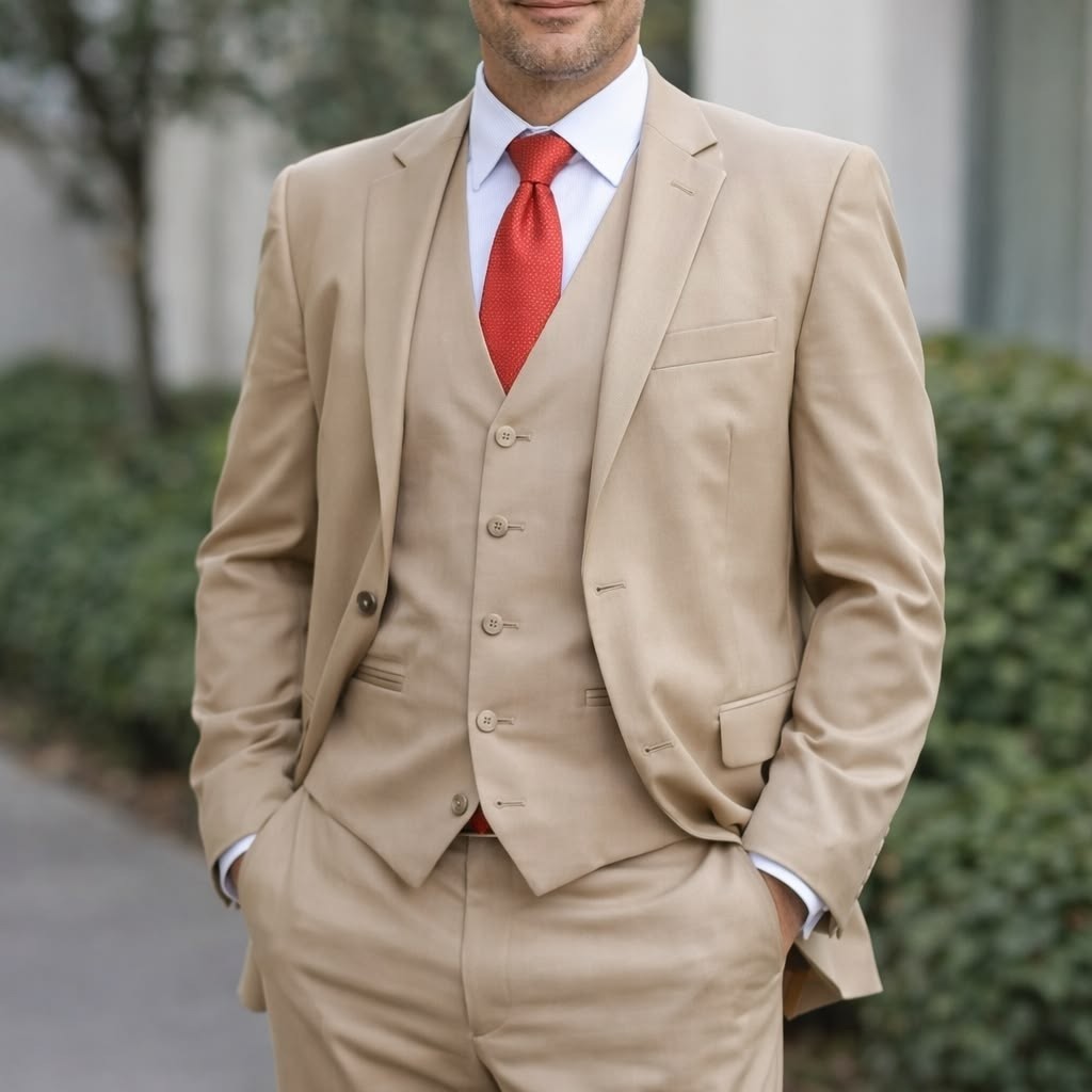Casual Wear Jacket Men’s Suits 3Pcs Beige Notch Lapel Coat Regular Fit Blazer