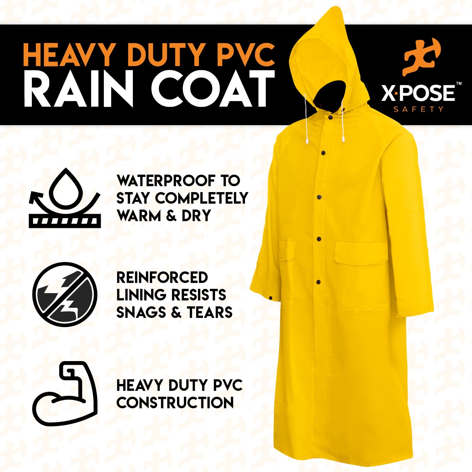 Heavy Duty Yellow Rain Coat .35mm PVC 48in Jacket with Detachable Hood
