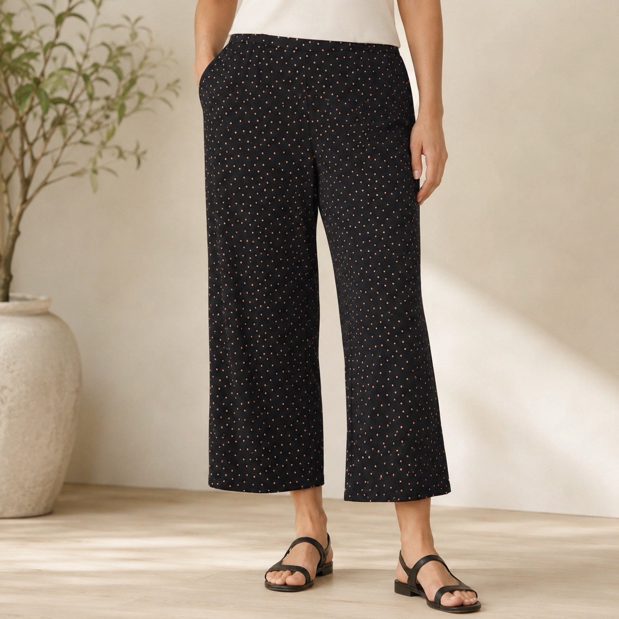 J Jill Wearever Black Coral Dot Full Leg Cropped Pants Womens L Wide Leg