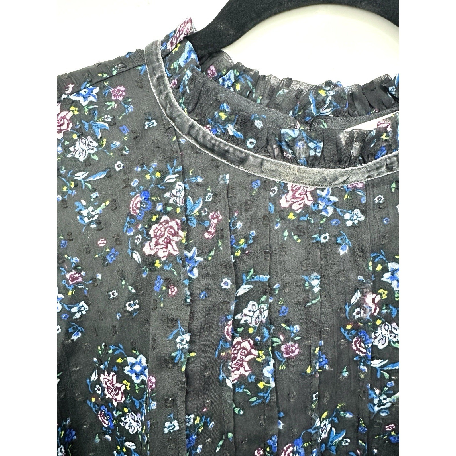 LOFT Floral Clip Dot Blouse Small Black Ruffle Neck Long Sleeve Sheer Cottage
