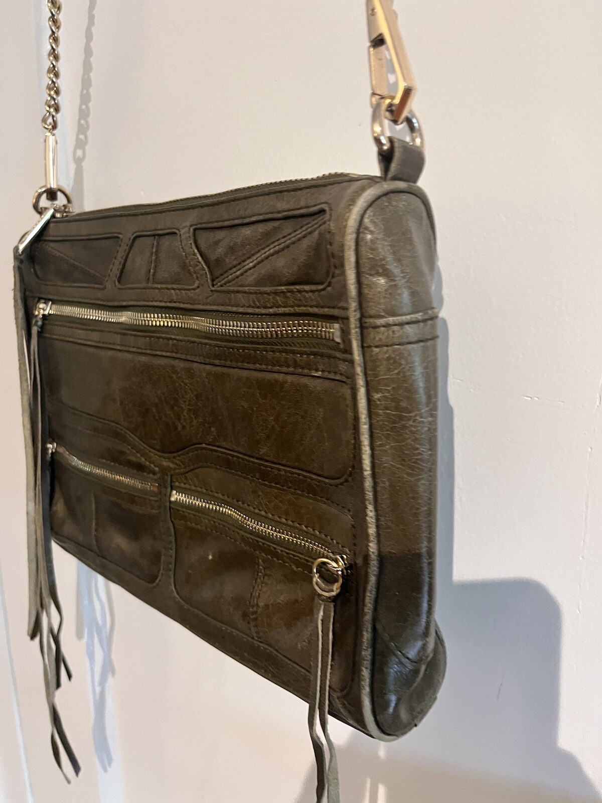 Rebecca Minkoff Tri Zip Mac Crossbody Bag Distressed Leather Kiwi Excellent