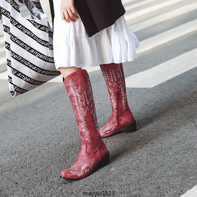 Womens Embossed Zip Mid Block Heel Cowgirl Mid Calf Knee High Boots Western PLus