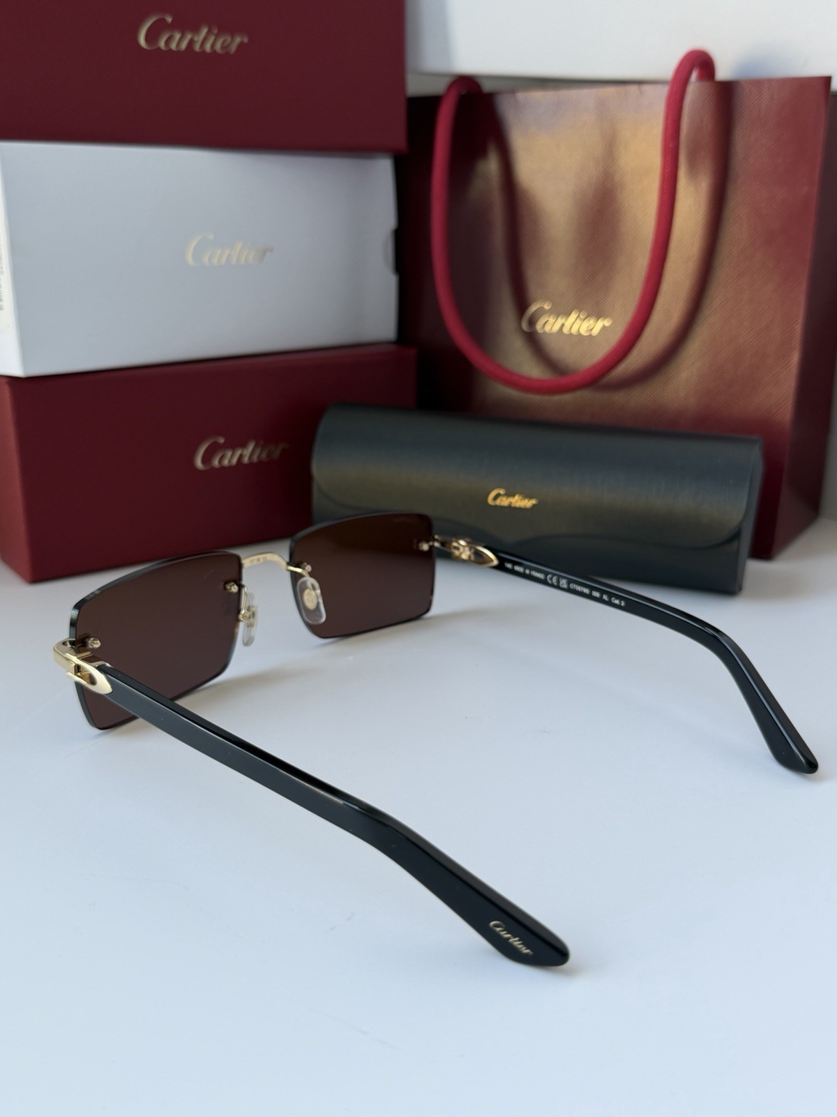 CARTIER CT0579S 005 Gold Black Dark Grey Lens Rectangular Sunglasses AUTHENTIC