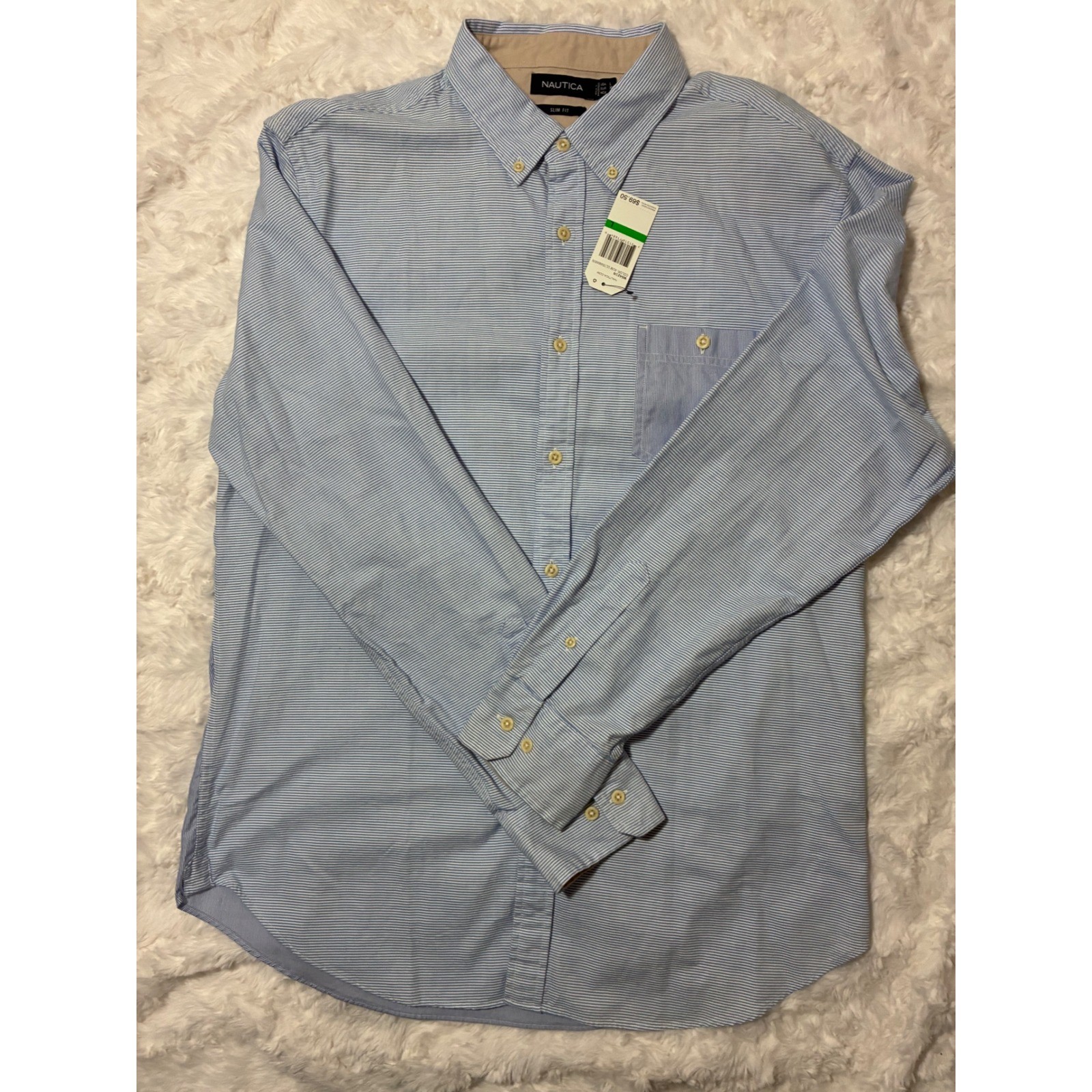 Nautica Mens Slim Fit Blue White Stripe Cotton Button Down Shirt Large NWT $70