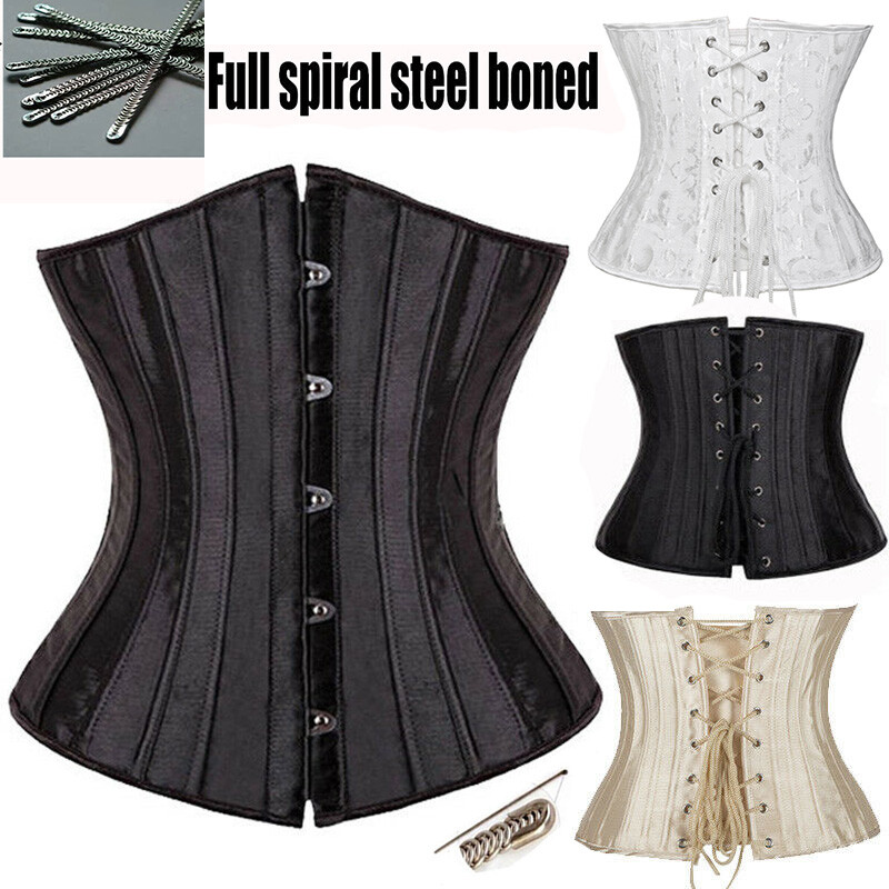 28X Spiral Steel Boned Waist Trainer Brocade Lace Up Underbust Corset Shapewear