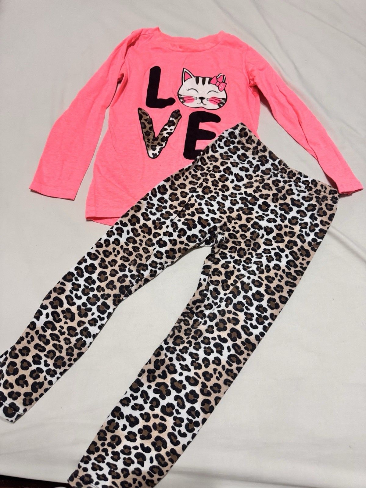 Bobbie Brooks Girls 2pc Pants Set XS (4/5) Pink Cat LOVE Top Leopard Pants