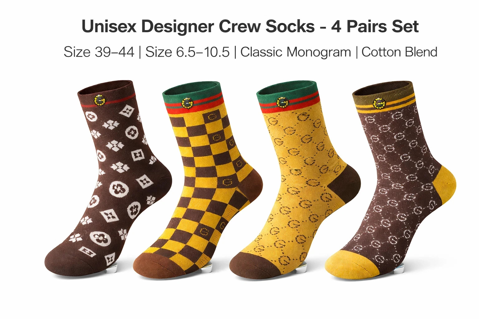 Unisex Designer Style Crew Socks 4 Pairs Set Colorful Pattern Cotton Blend