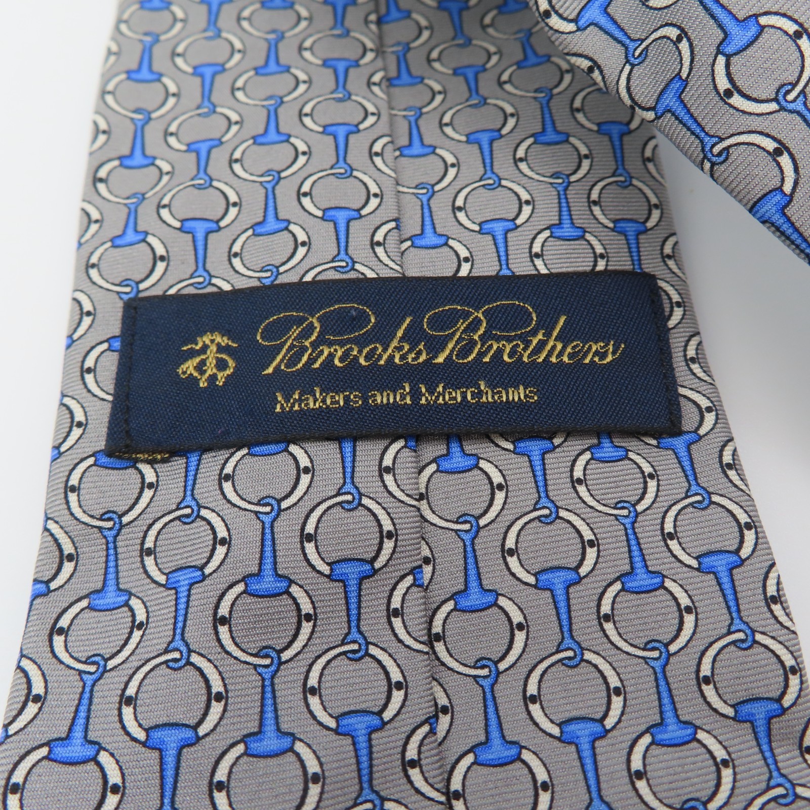 Brooks Brothers Tie Silk Gray Blue Bit Link Chain 3.25″ Wide 58″ USA Makers