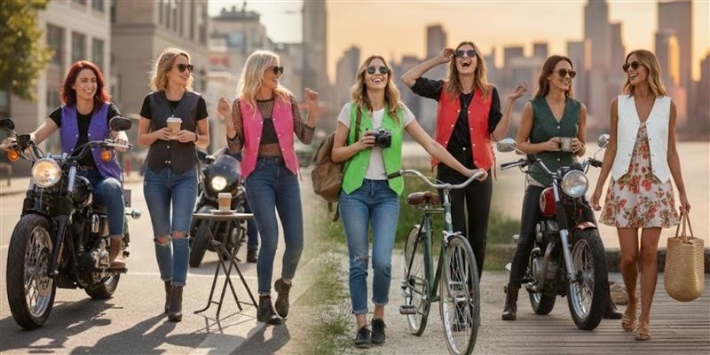 Womens Biker Classic Genuine Cowhide Leather Motorcycle Vest Side Lace