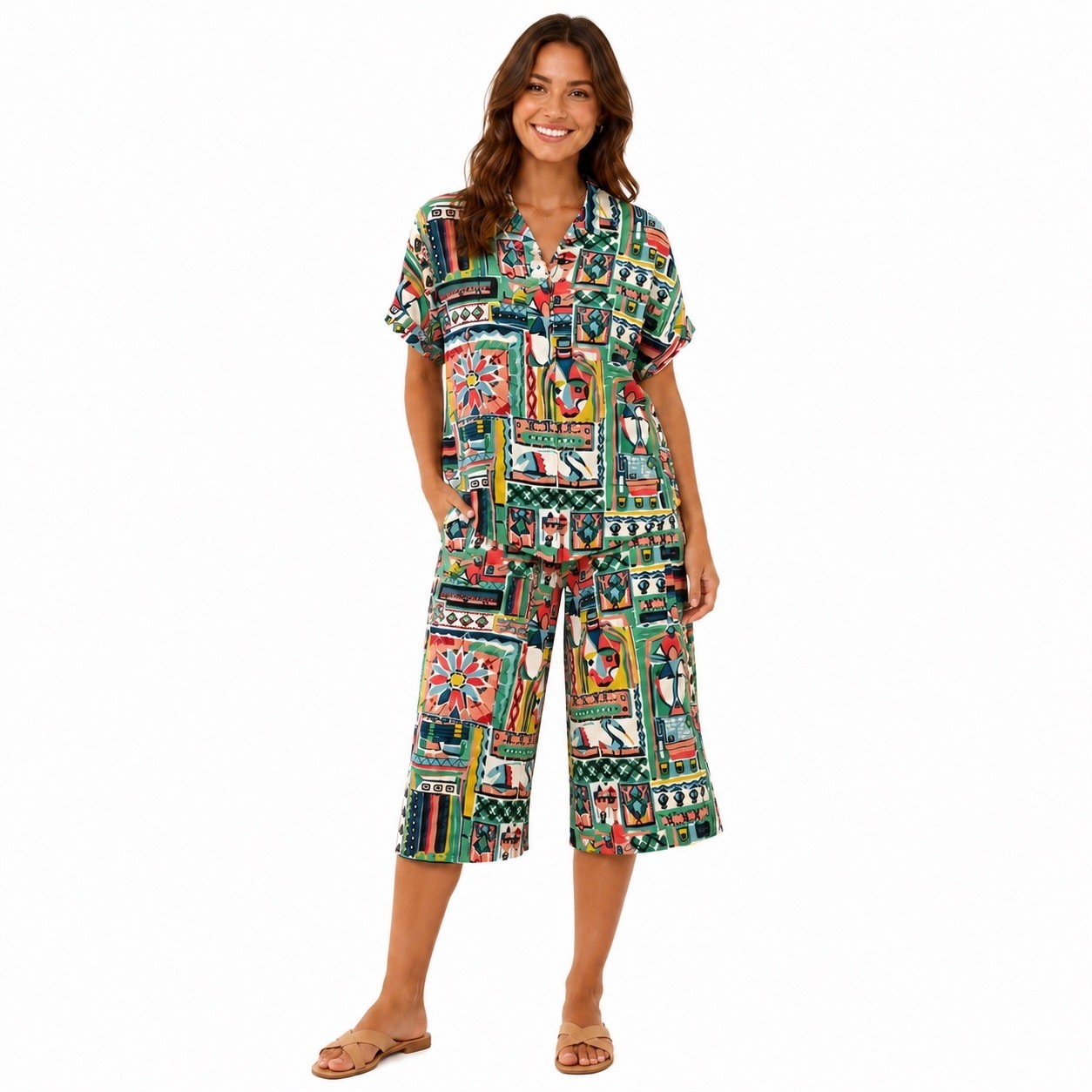 Lafayette 148 New York XXL Abstract Geometric Cotton 2 Piece Top Coulotte Set