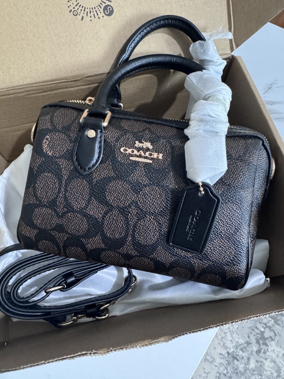 NEW Coach Mini Rowan Crossbody Bag In Signature Canvas CW329 Gold/Walnut/Black