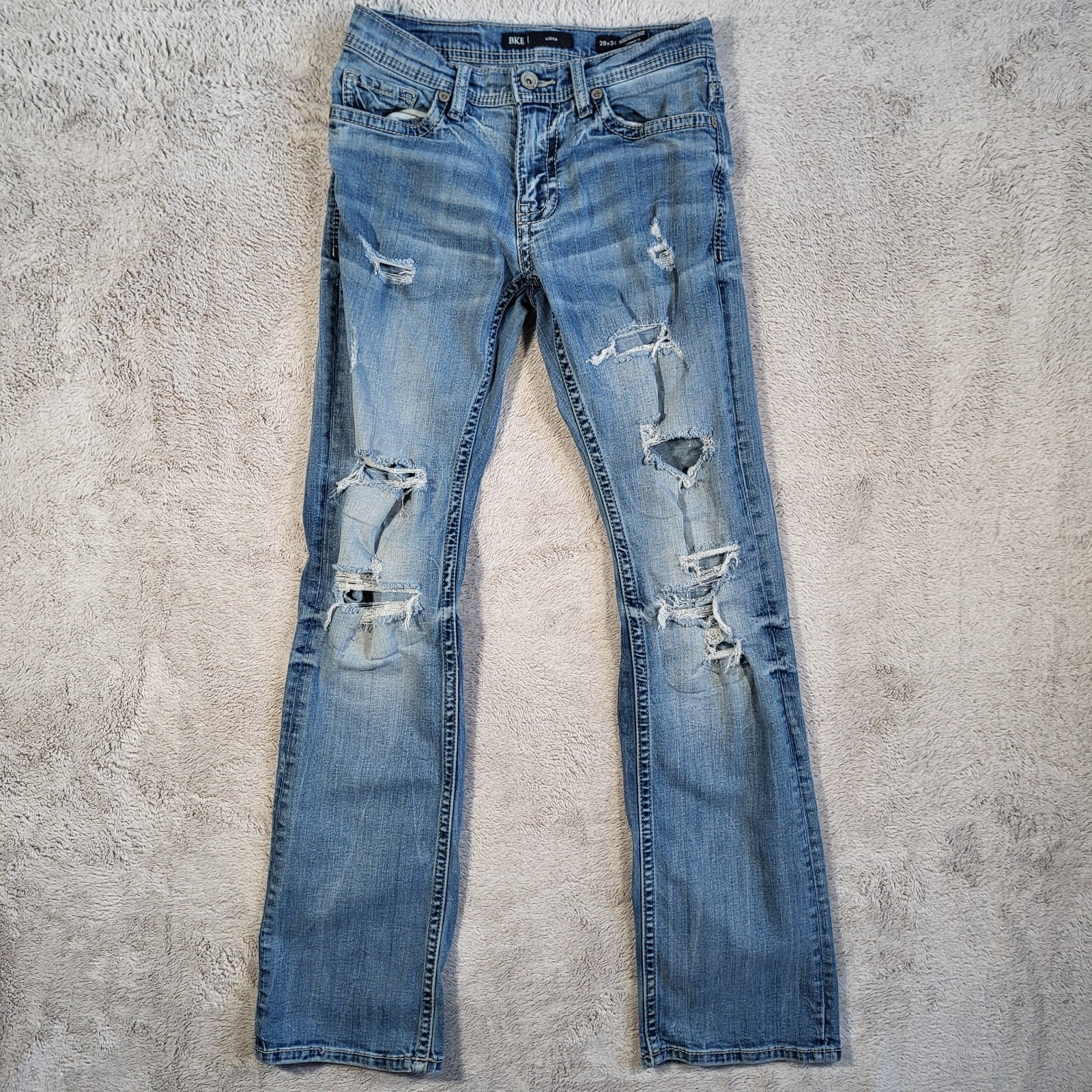 BKE Aiden Slim Fit Bootcut Jeans Men’s 29×34 Blue Light Washed Heavy Distressed
