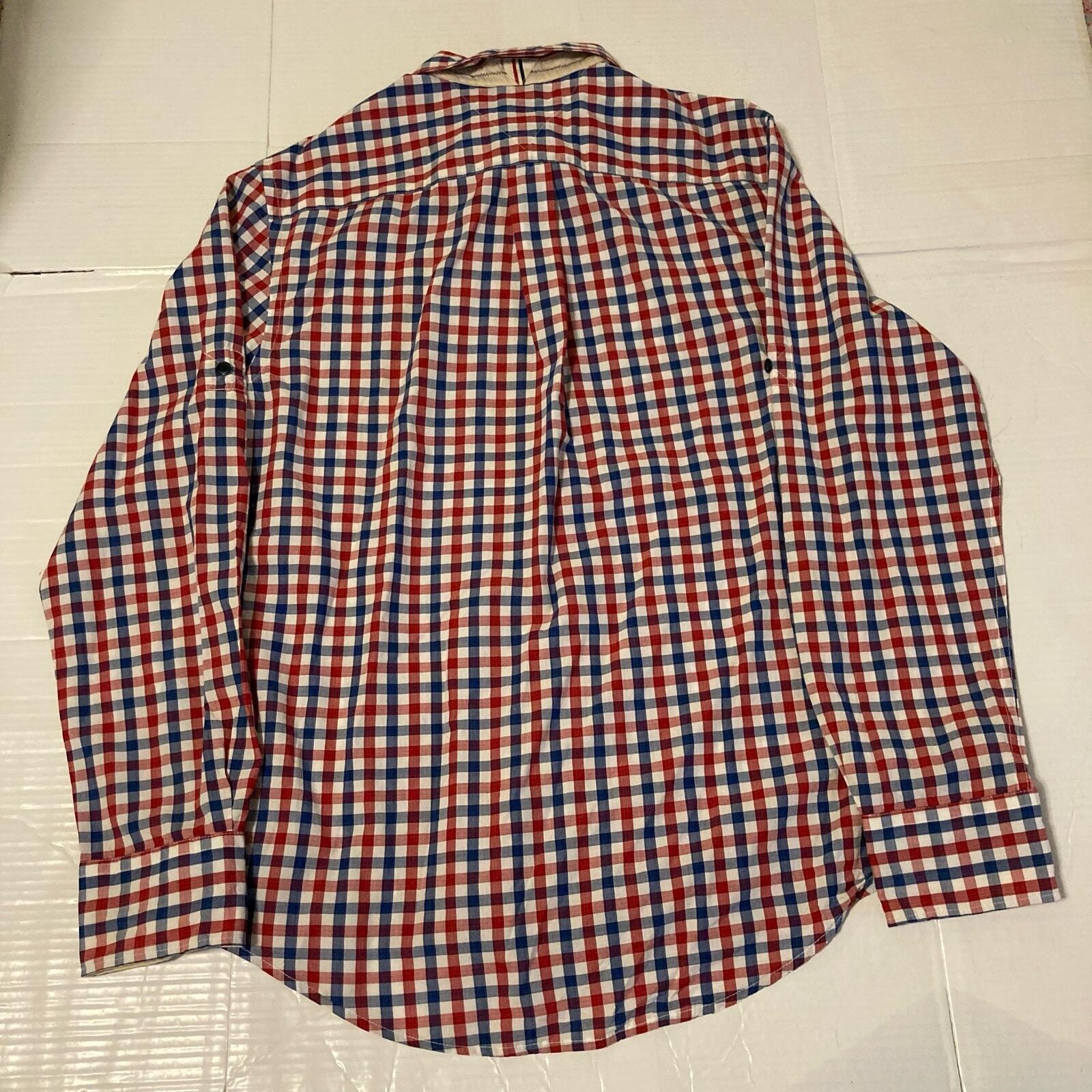 Tommy Hilfiger Navy Blue Red & White Plaid Button Down Shirt Men Size M