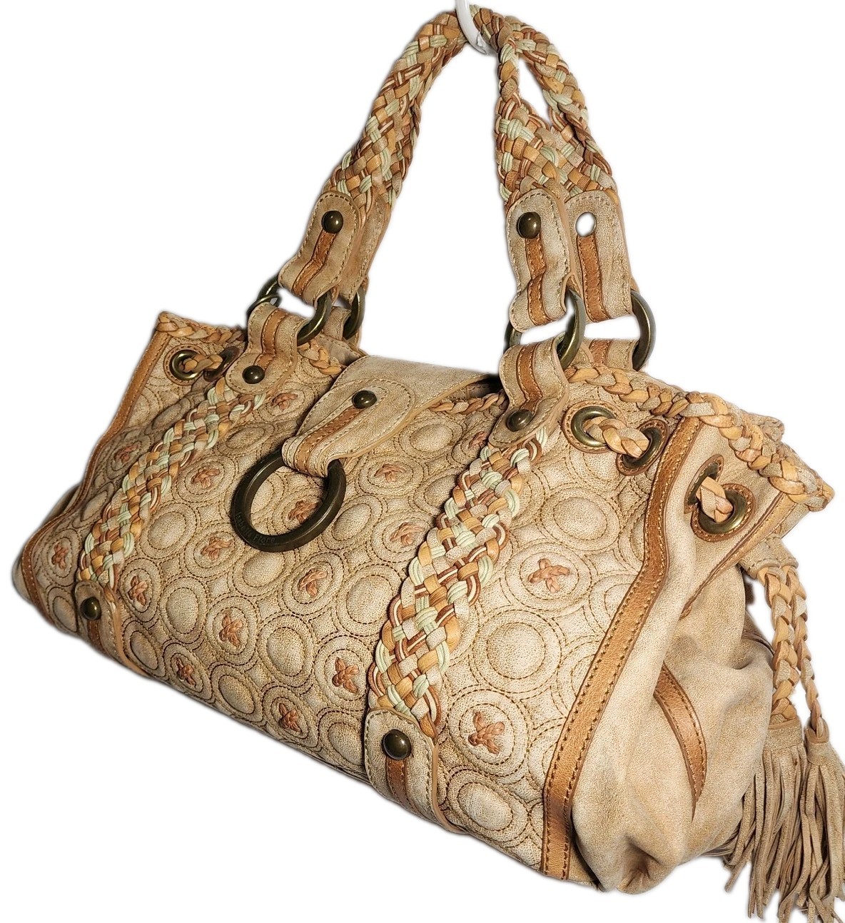 ISABELLA FIORE KISSES AND HUGS EMBROIDERED X’S AND O’S LARGE LEATHER HANDBAG$739