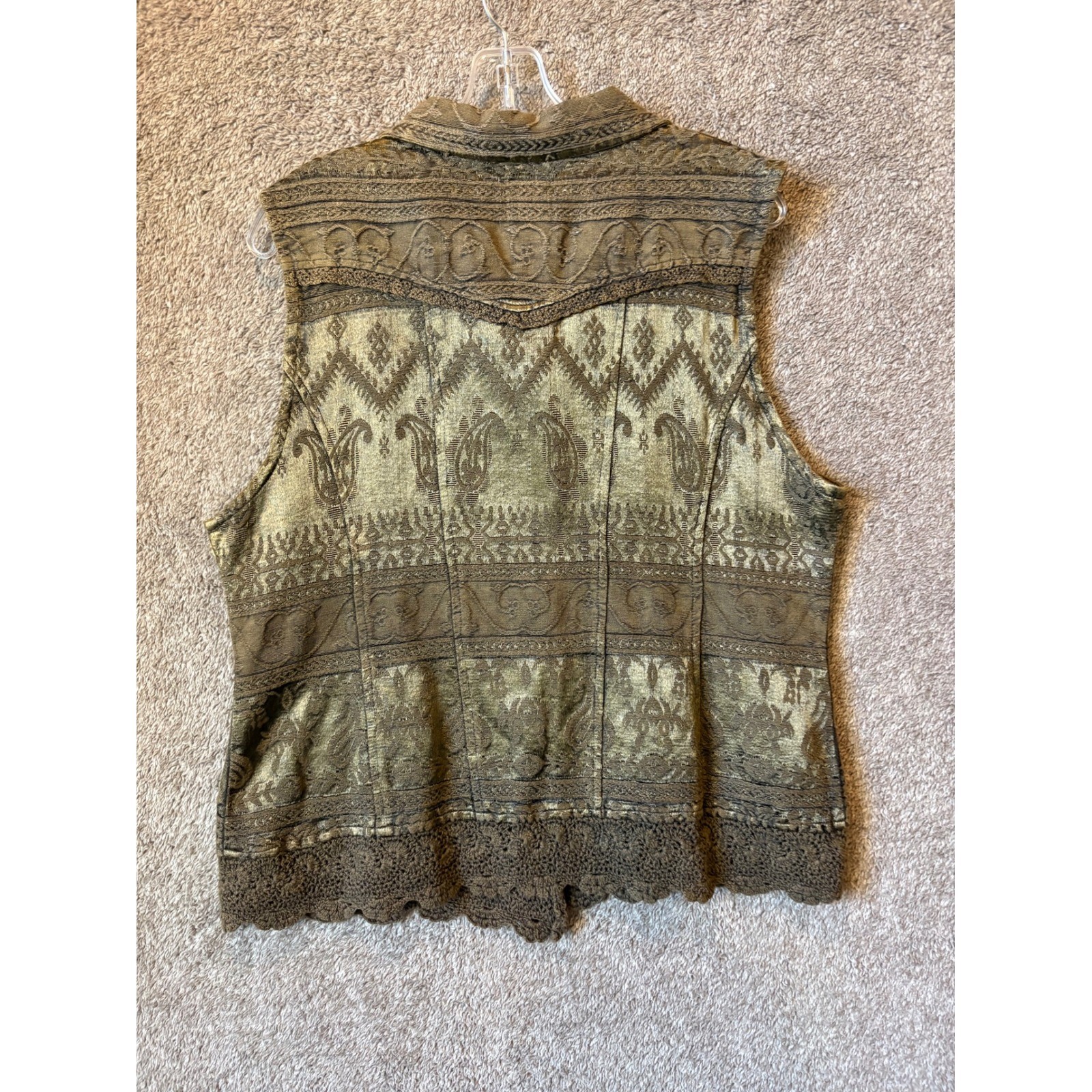 Flashback Womens Olive Green Paisley Tapestry Vest Crochet Lace Boho Button Up
