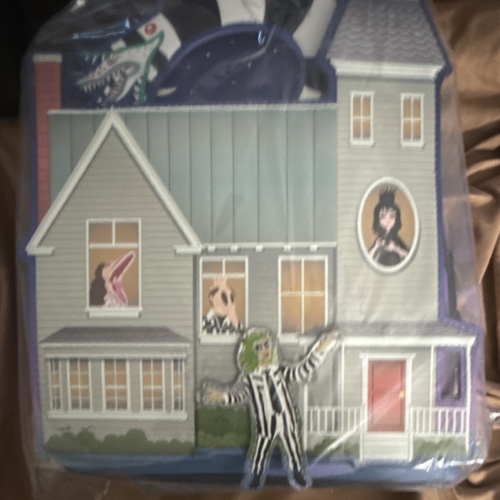 Beetlejuice Haunted House Black/Purple Striped Medium Backpack Zip Hang Tag