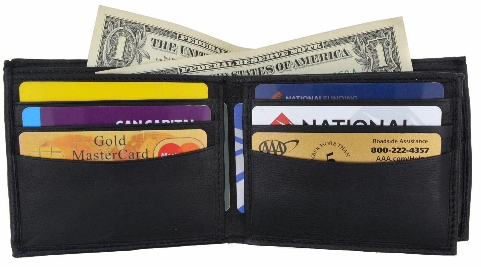 Mens Bifold Center Flap Lambskin Leather Wallet and Credit Card Holder