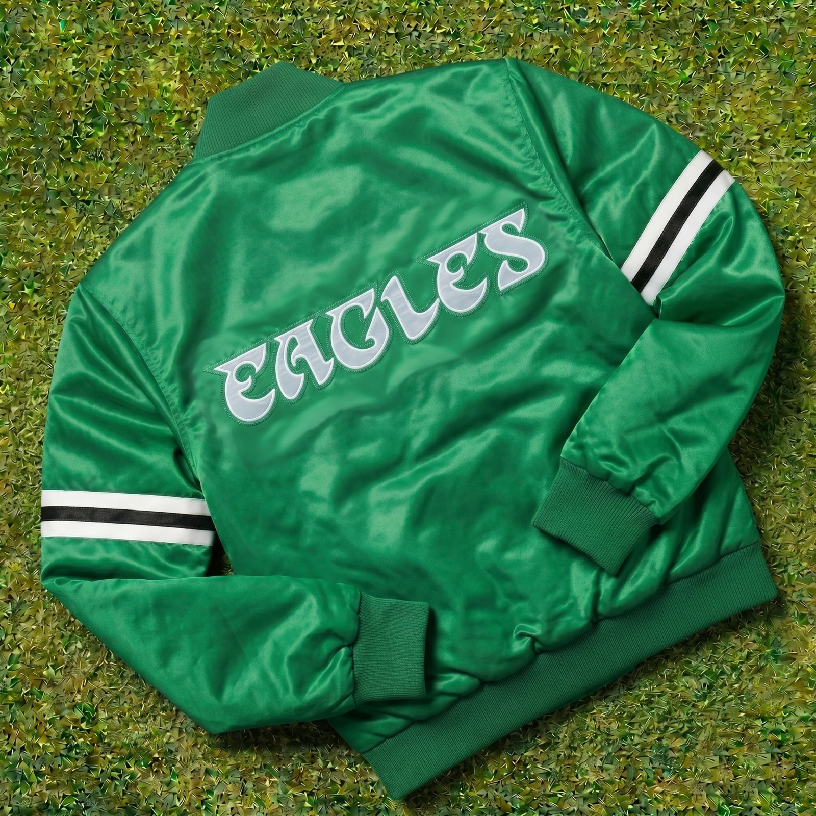 Mens Philadelphia Eagles Green Satin Bomber Varsity Football Jacket Size XS-5XL