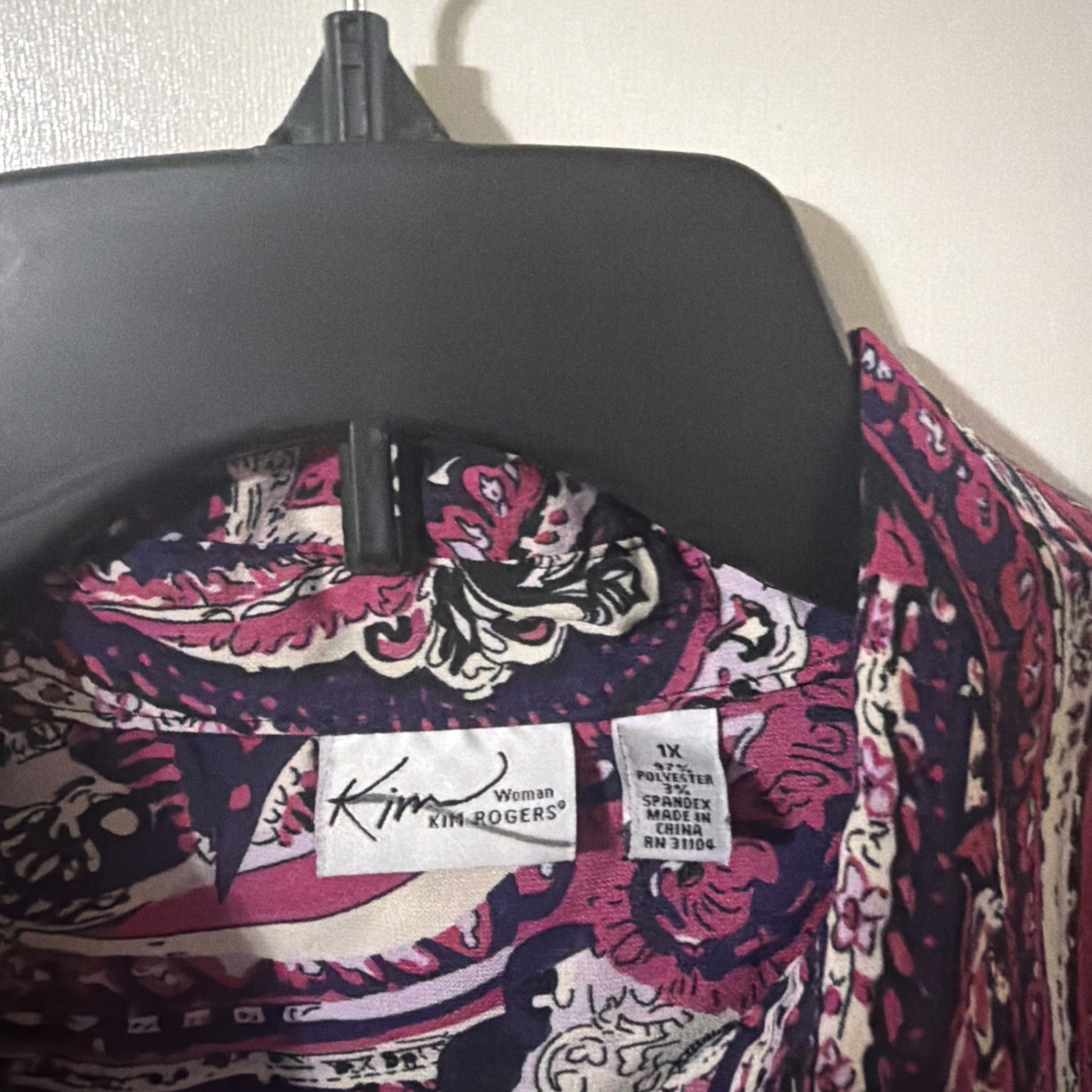 Kim Rogers Woman 1X Paisley Print Button Front Long Sleeve Pockets Pink Purple