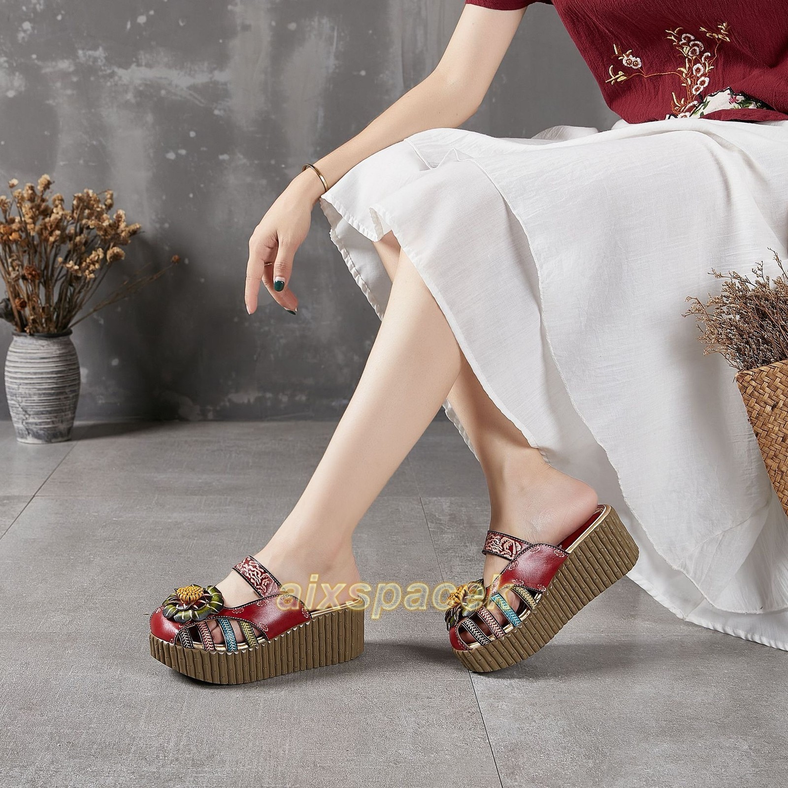 Ladies Ethnic Thick-soled Cowhide Leather Sandals Women Handmade Home Slippers