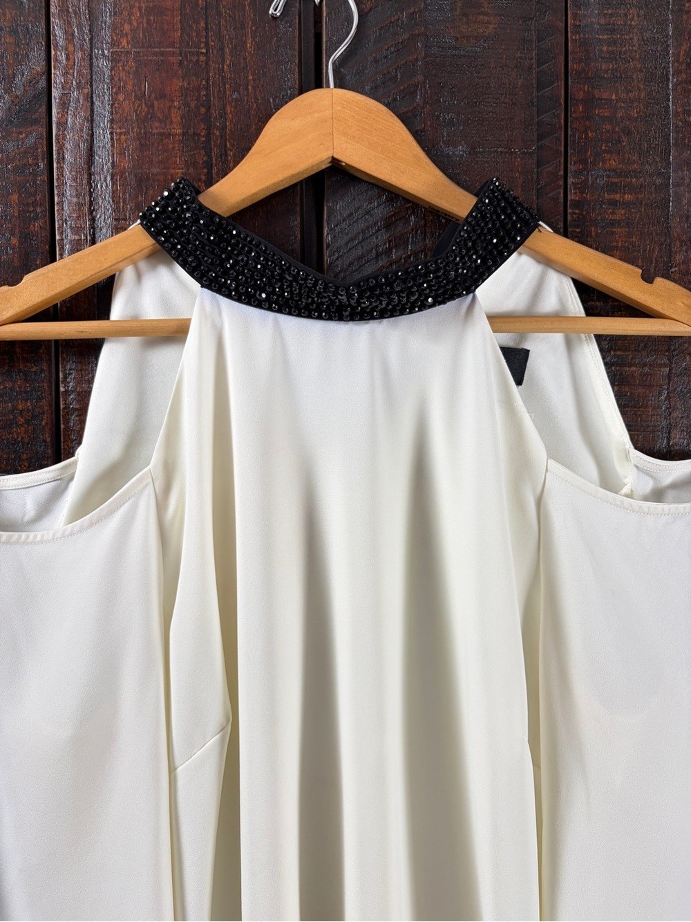 MSK Off-white Cold-Shoulder Dressy Halter Top with Embellished Neckline Large