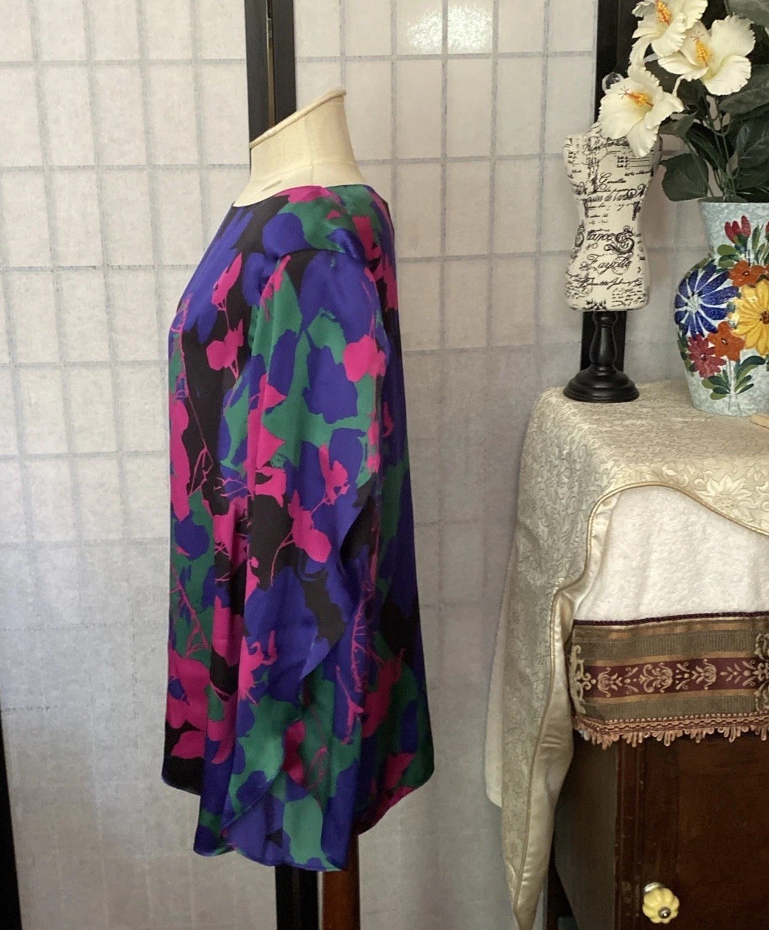 Talbots Wom +18W Multicolor 100% Silk Blouse Slit Sleeves