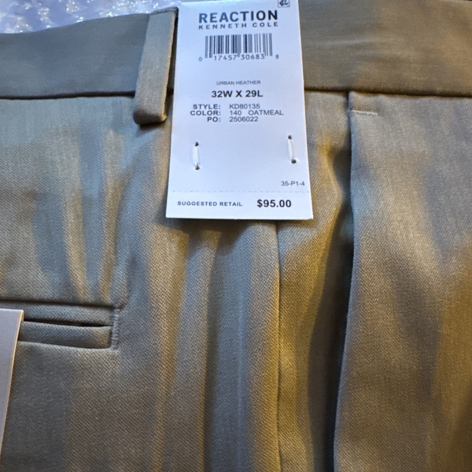 Kenneth Cole Reaction Slim Fit Pant size 32 X 29 Flat Front Oatmeal NEW