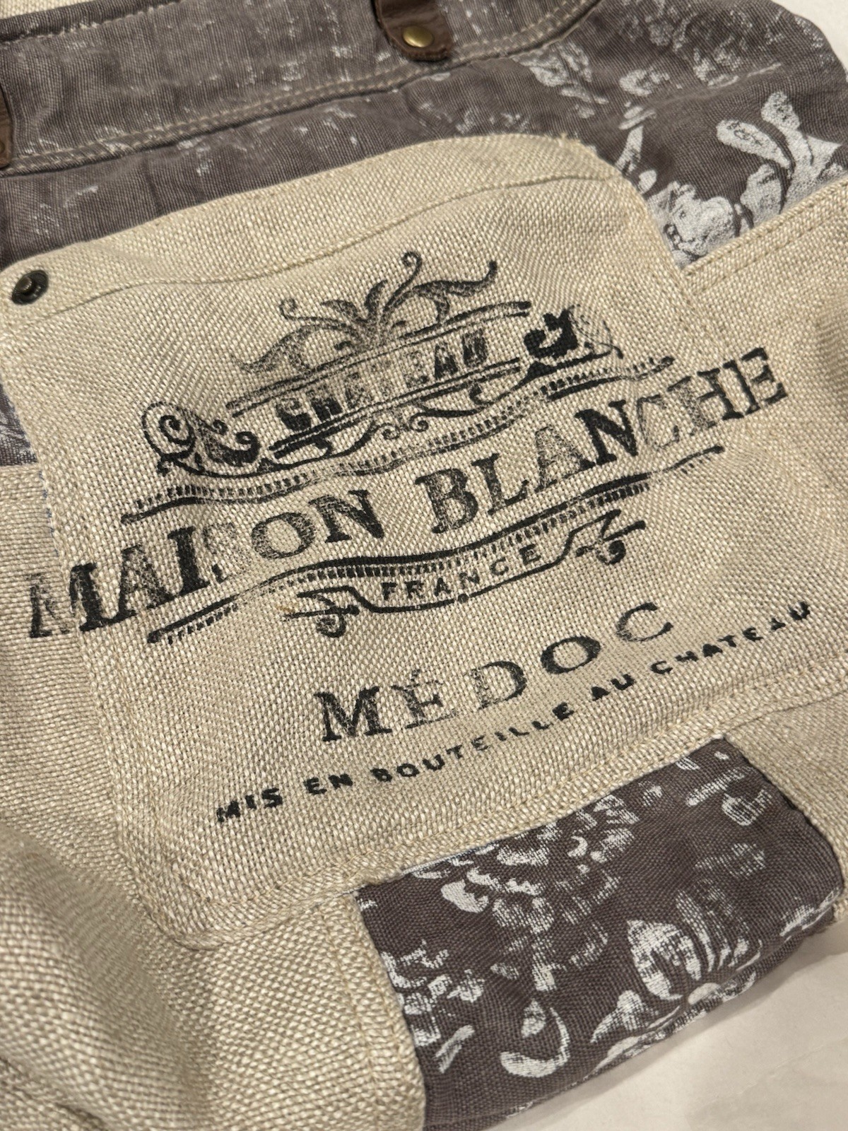 Myra Bag “Maison Blanche” Upcycled Linen Canvas Tote W/ Leather Handles