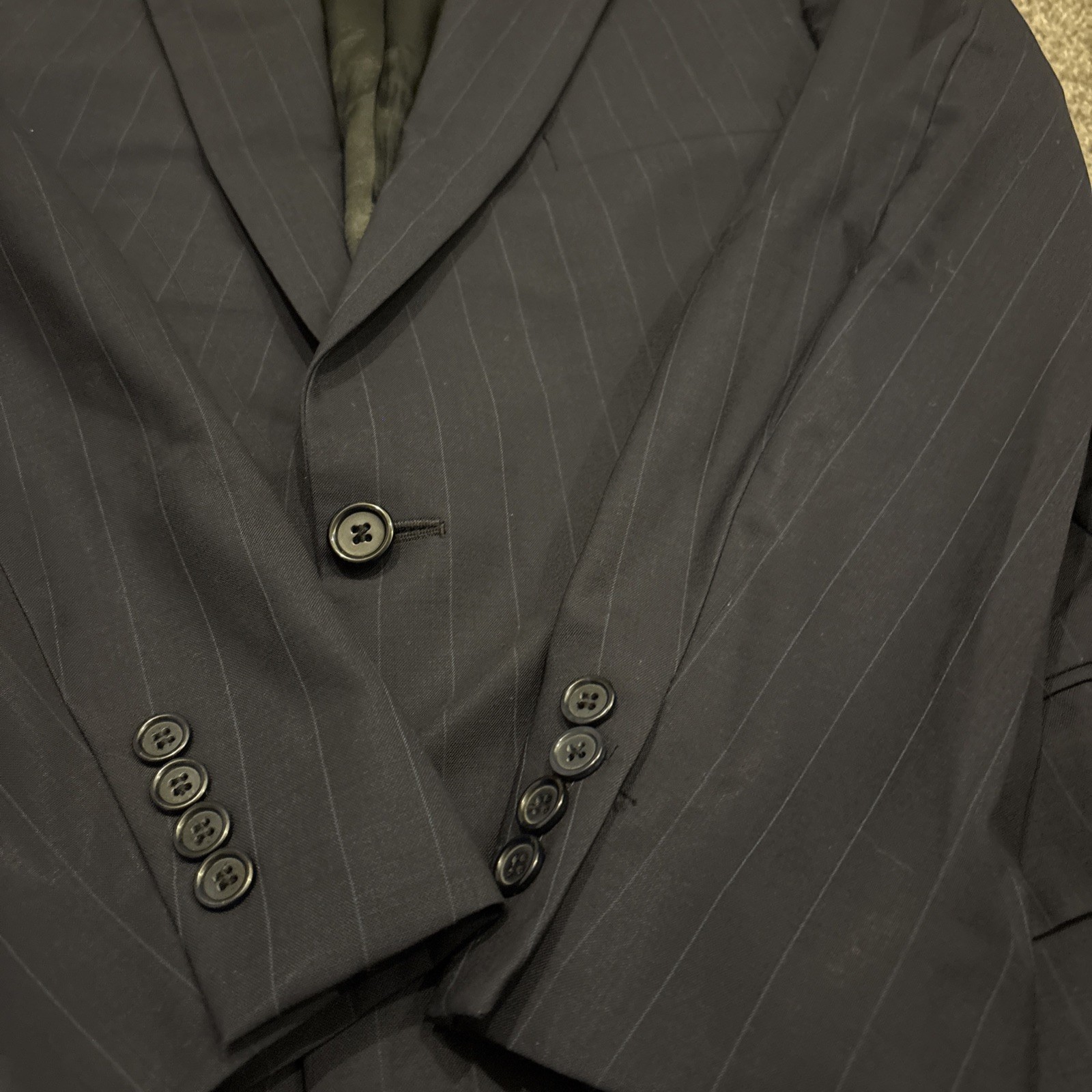 Tom James Mens 42R Pinstripe 2 Piece Suit Blue Corporate Image Pleated 36×32
